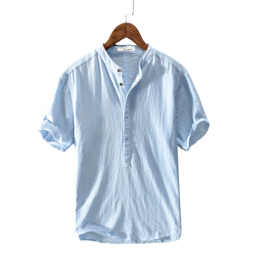 Linen Shirt for Men - Casual Short Sleeve Summer Wear in Light Blue