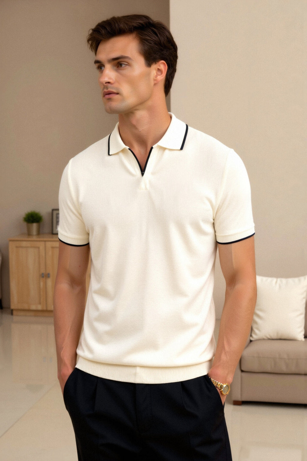 Contrast Slim Fit Polo Shirt for Men - Lightweight Cotton Blend Casual Wear