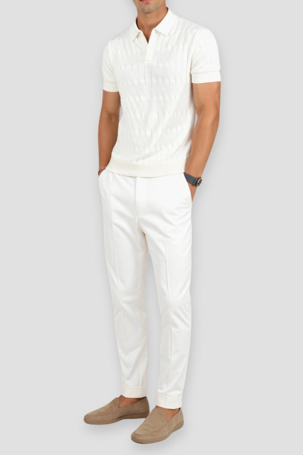 V-Neck Cable Knit Polo Shirt for Men - Premium Cotton Blend Casual Wear