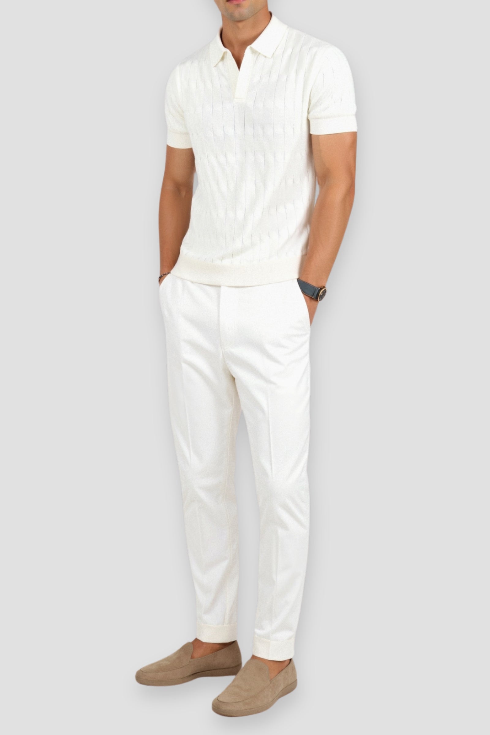 V-Neck Cable Knit Polo Shirt for Men - Premium Cotton Blend Casual Wear