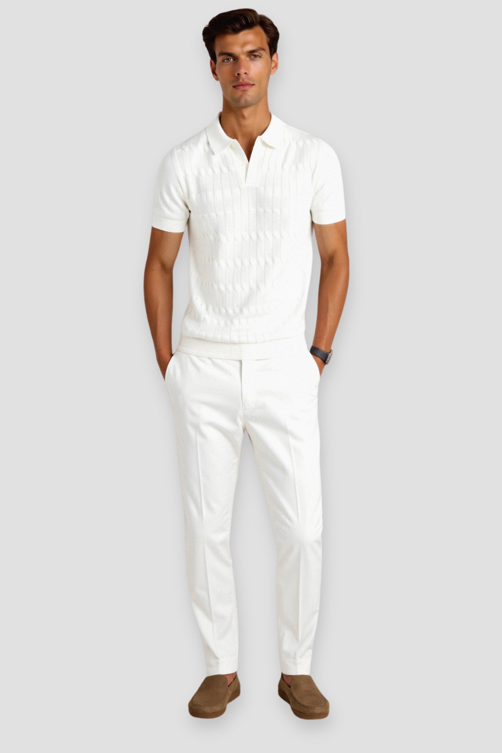 V-Neck Cable Knit Polo Shirt for Men - Premium Cotton Blend Casual Wear