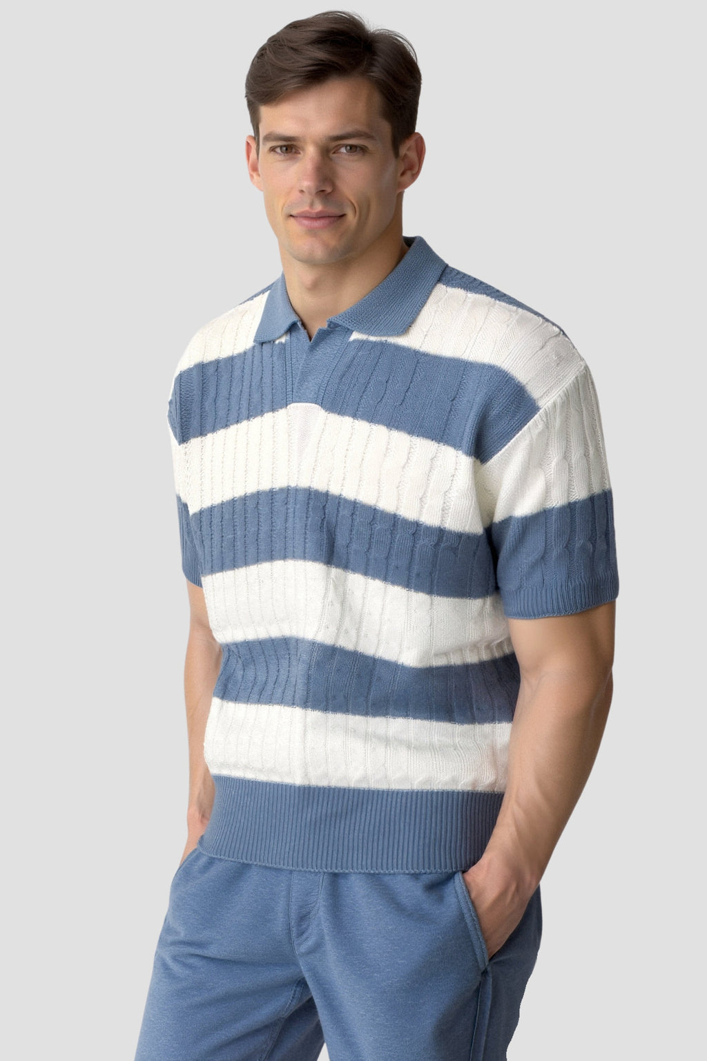 White Stripe Polo Shirt - Cotton Blend - Casual Wear - Men's Apparel