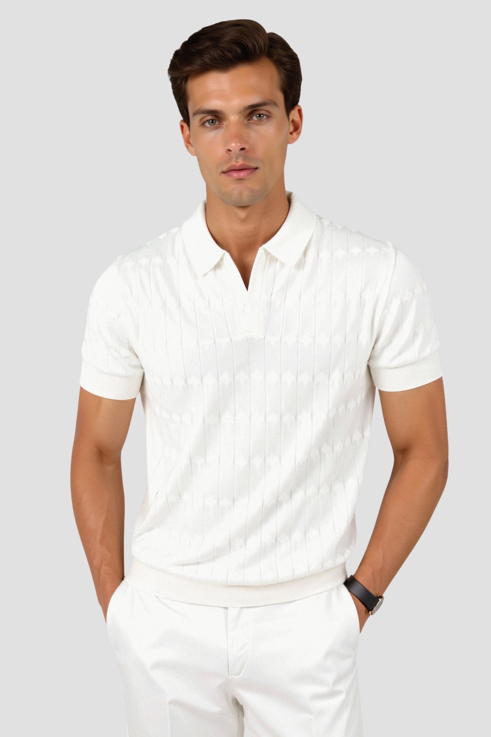 V-Neck Cable Knit Polo Shirt for Men - Premium Cotton Blend Casual Wear