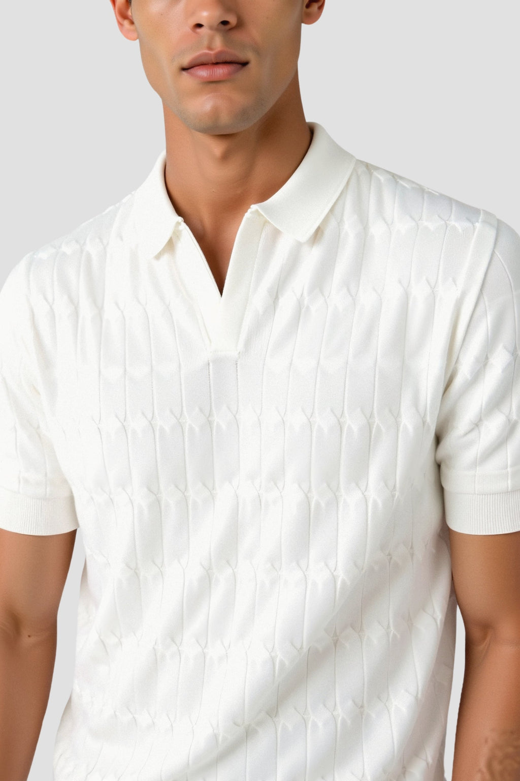 V-Neck Cable Knit Polo Shirt for Men - Premium Cotton Blend Casual Wear