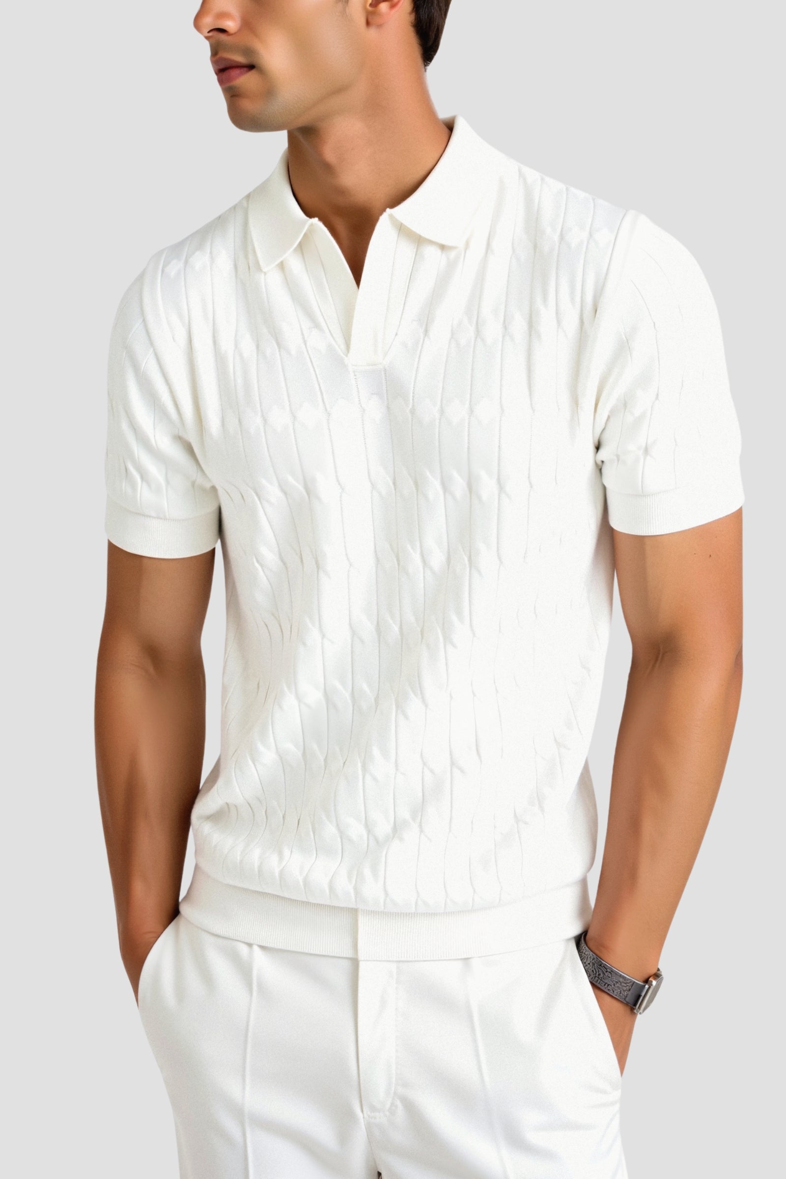 V-Neck Cable Knit Polo Shirt for Men - Premium Cotton Blend Casual Wear