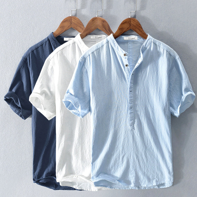 Linen Shirt for Men - Casual Short Sleeve Summer Wear in Light Blue
