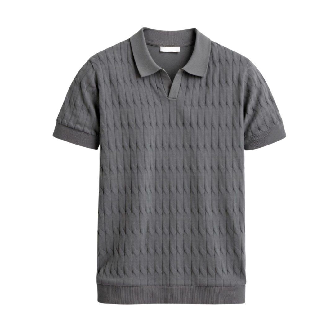 V-Neck Cable Knit Polo Shirt for Men - Premium Cotton Blend Casual Wear