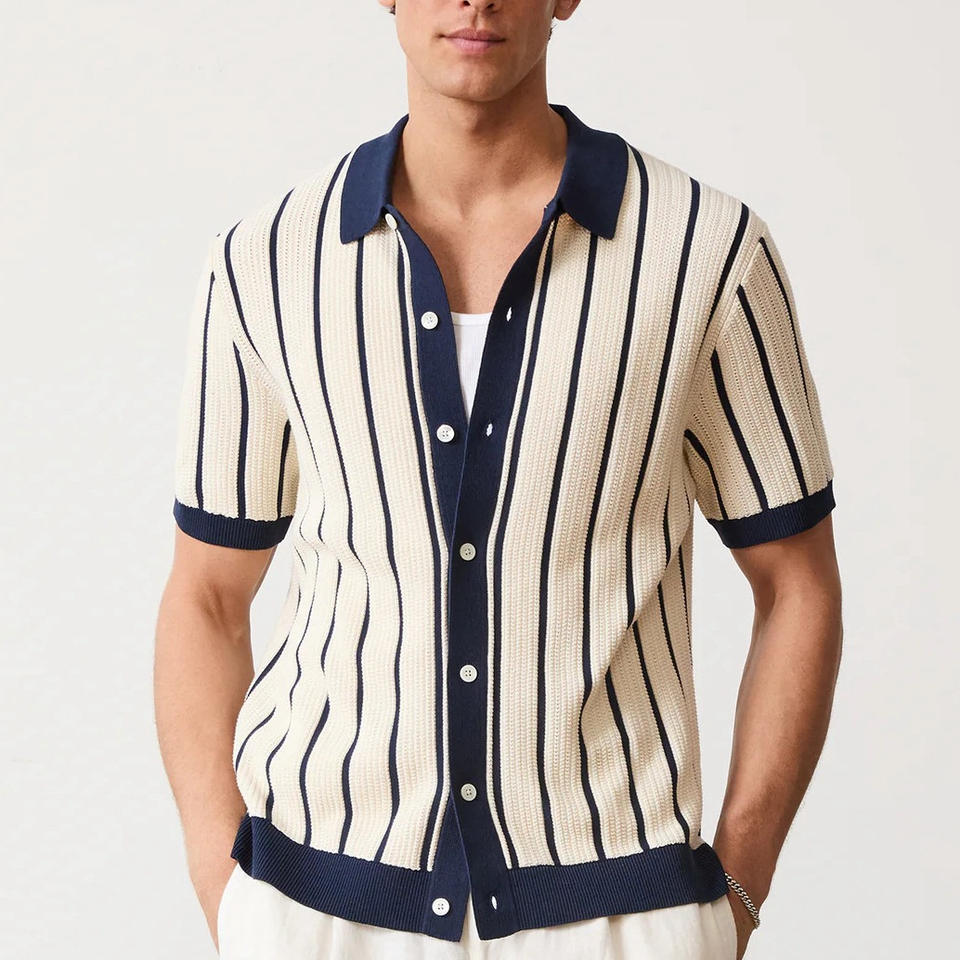 Knitted Button-Up Shirt for Men - Casual Cotton Blend Top