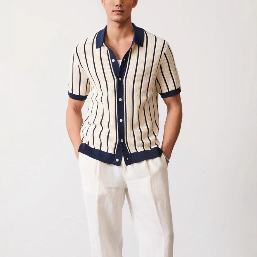 Knitted Button-Up Shirt for Men - Casual Cotton Blend Top