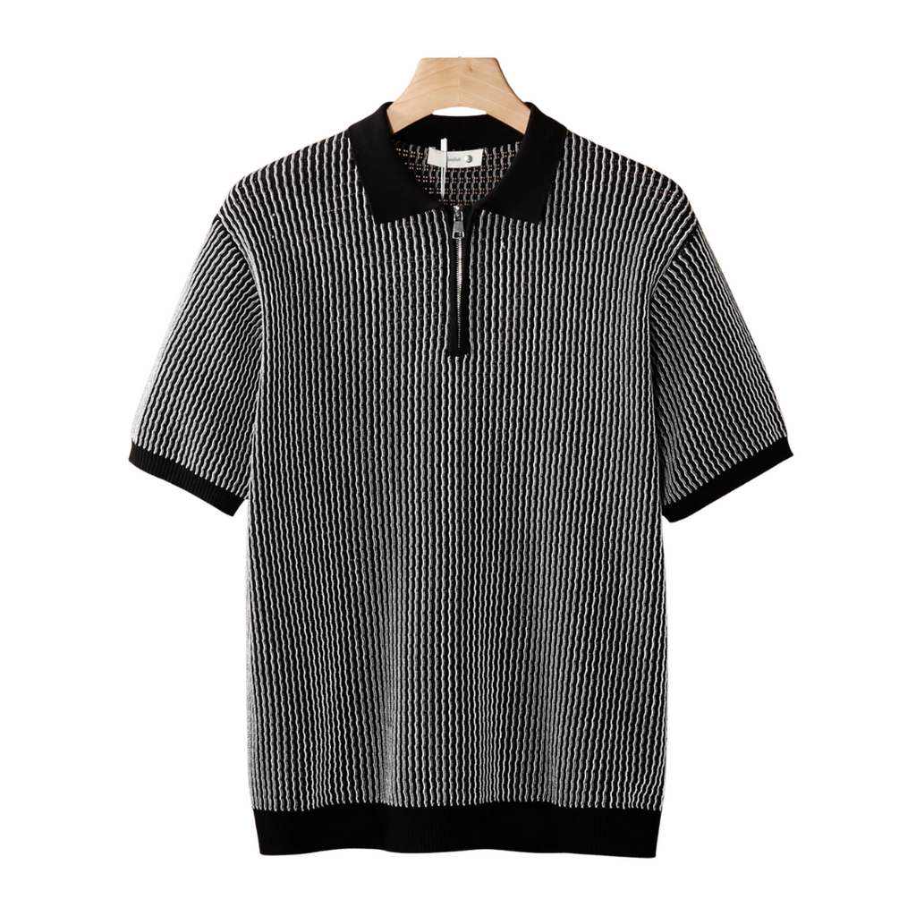 Geometric Textured Zipper Polo Shirt for Casual Wear and Outdoor Activities