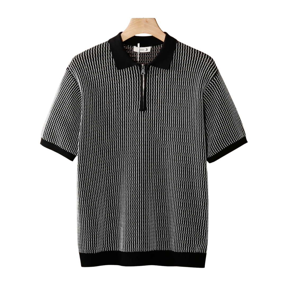 Geometric Textured Zipper Polo Shirt for Casual Wear and Outdoor Activities