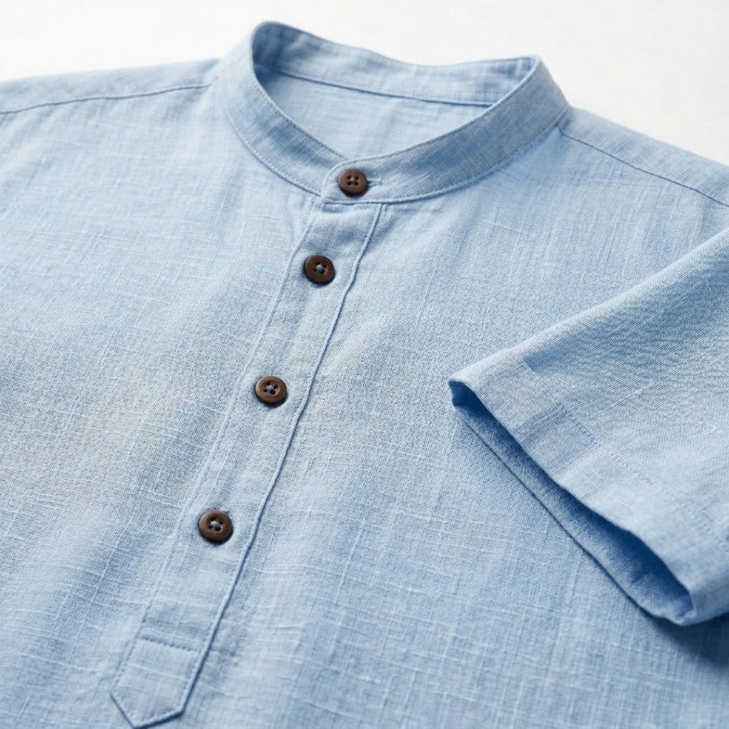 Linen Shirt for Men - Casual Short Sleeve Summer Wear in Light Blue