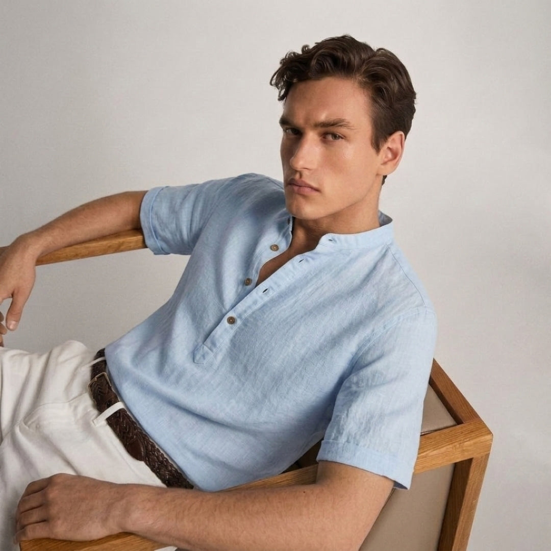 Linen Shirt for Men - Casual Short Sleeve Summer Wear in Light Blue