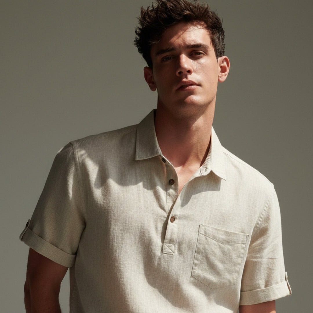 Linen Polo Shirt for Men - Casual Short Sleeve Top for Summer Wear
